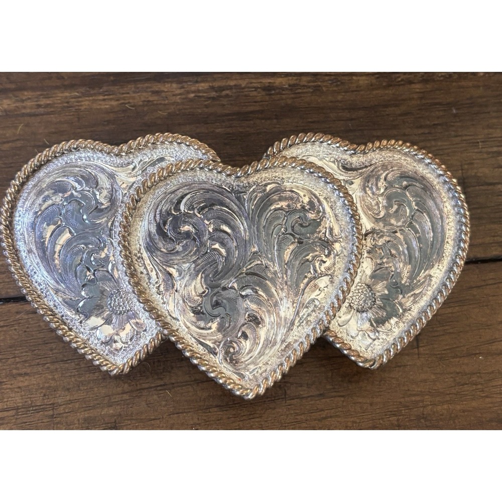 VTG Montana Silversmiths 3 Heart Belt Buckle Western Scroll Floral Rope TrimREAD